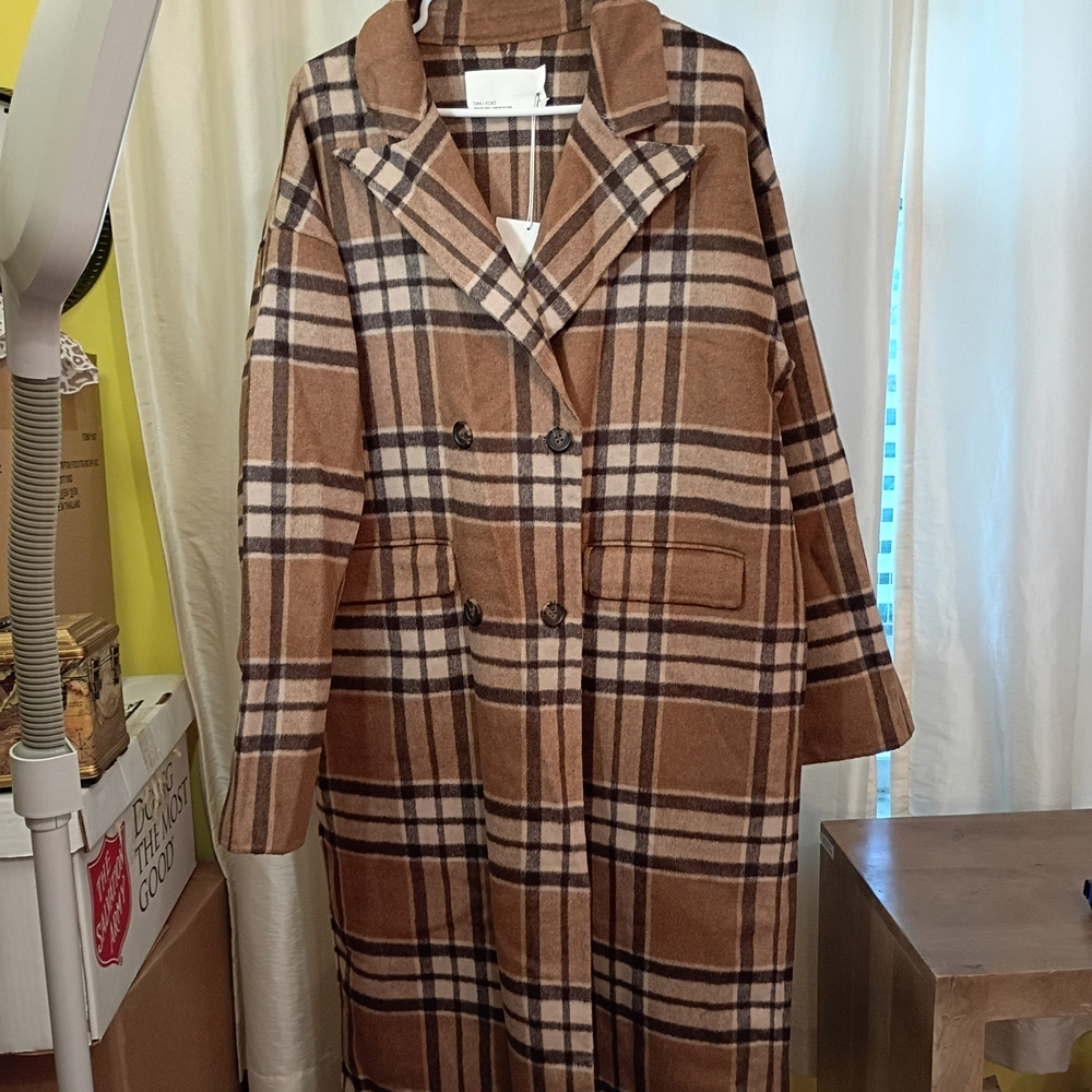 OAK + FORT Brown Plaid Pea Coat